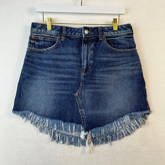 Free People Baily Fringe Denim Mini Skirt Dark Wash Jean Skirt Y2K Vibes 29W - Picture 1 of 11